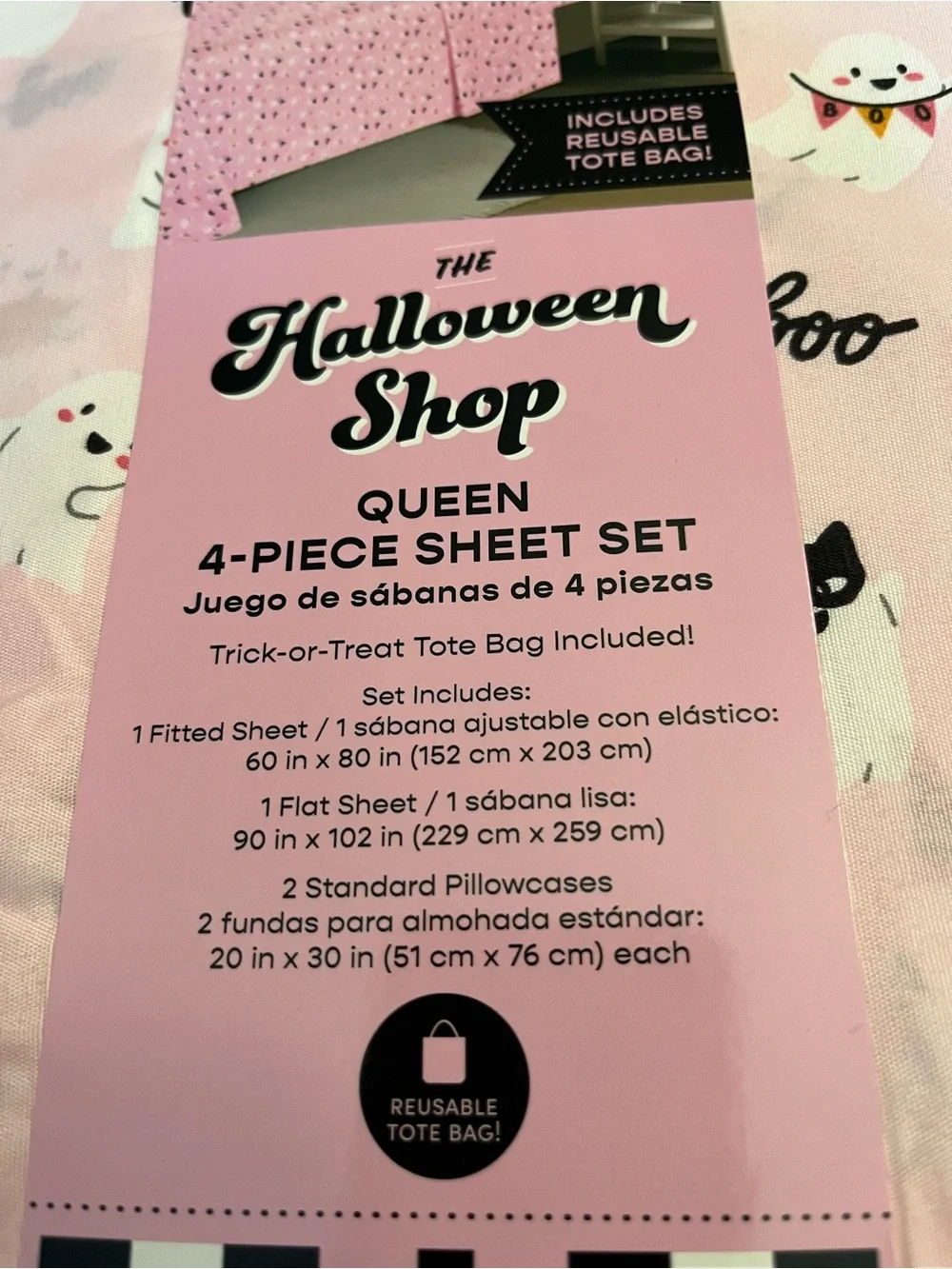 Que Pink Halloween Ghost Queen 4-Piece Sheet Set
